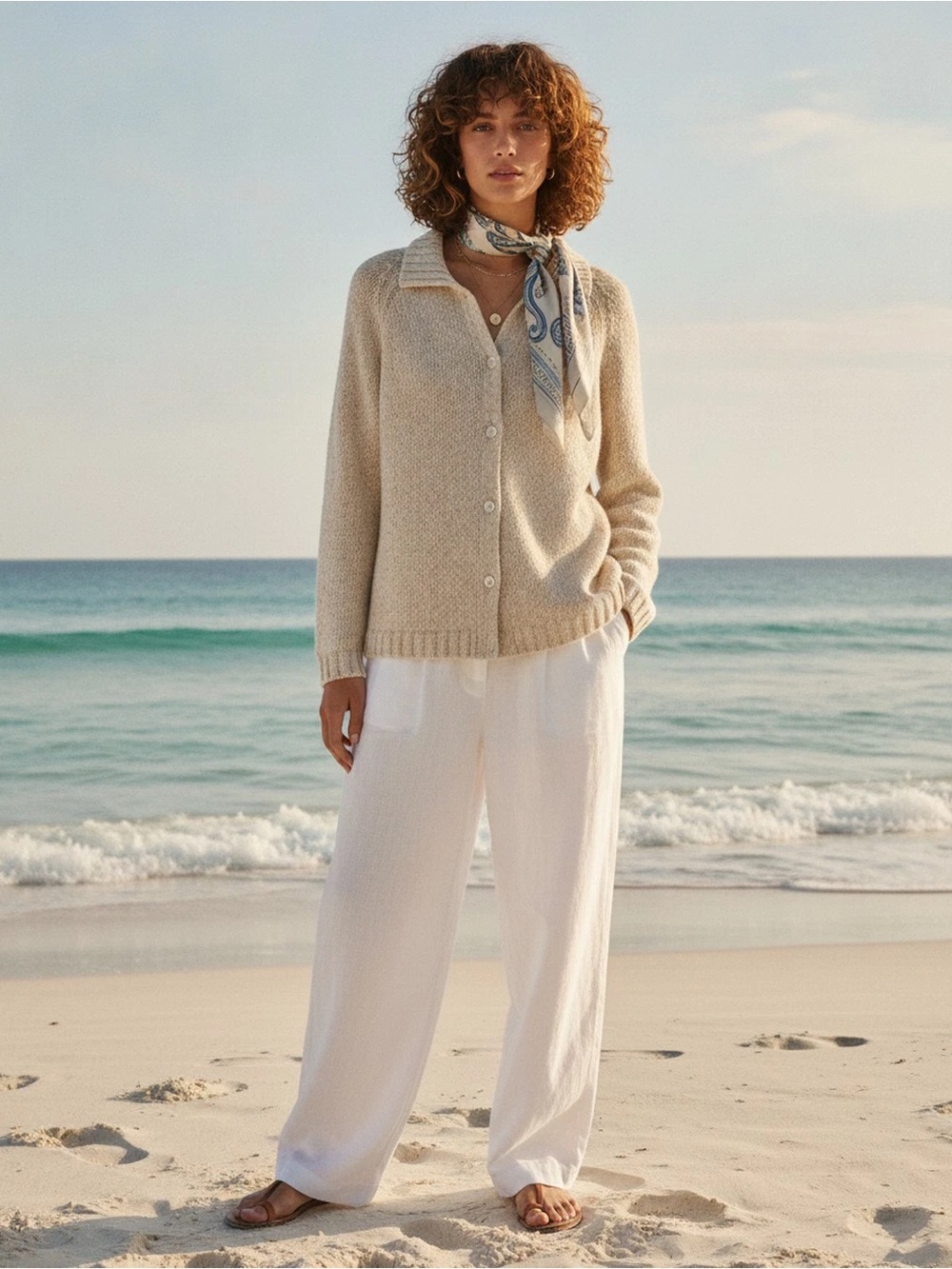 MaxMara Cream Knit Button-Front Sweater Size L